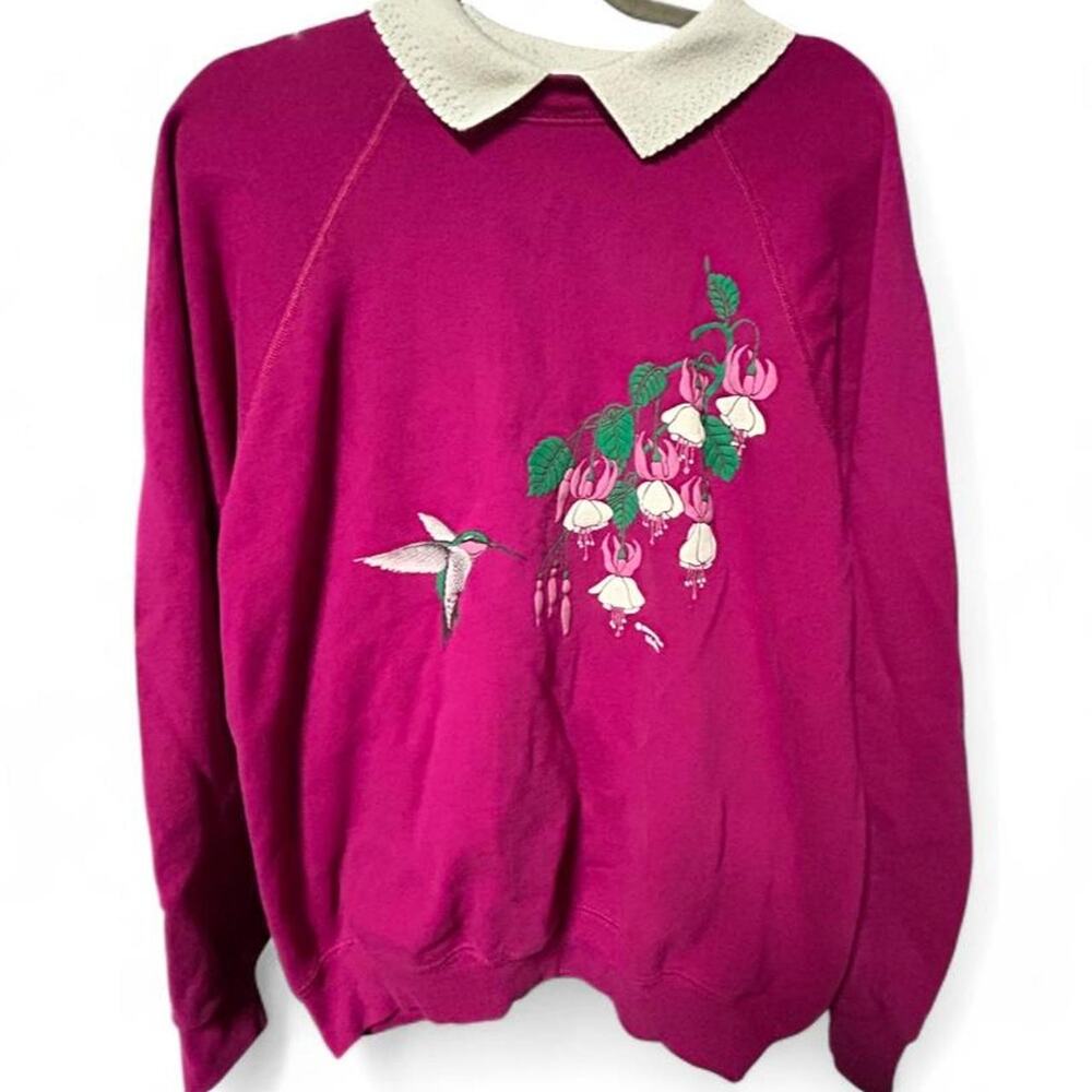 XL Morning Sun fuscia crewneck sweatshirt w hummingbird & flower cottagecore